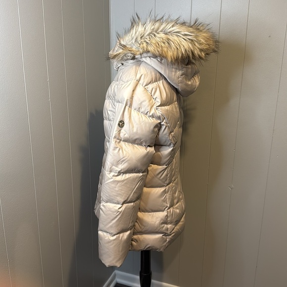 C CALVIN KLEIN Women’s Large Hooded Shiny Blush Puffer Coat Faux Fur Trim - Picture 5 of 10